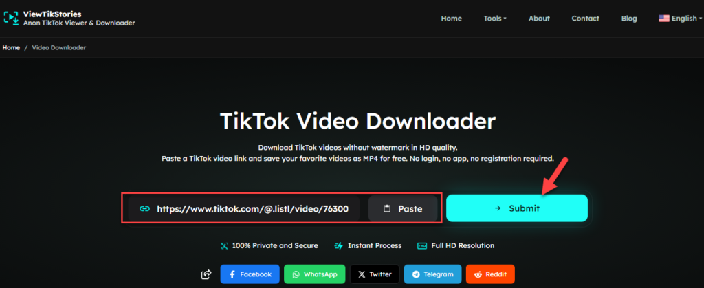 paste video link and submit video